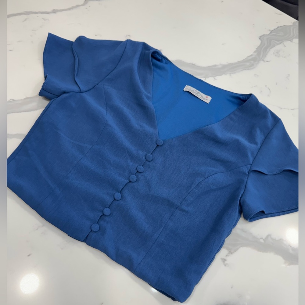 Blue V-Neck Button Front Top!